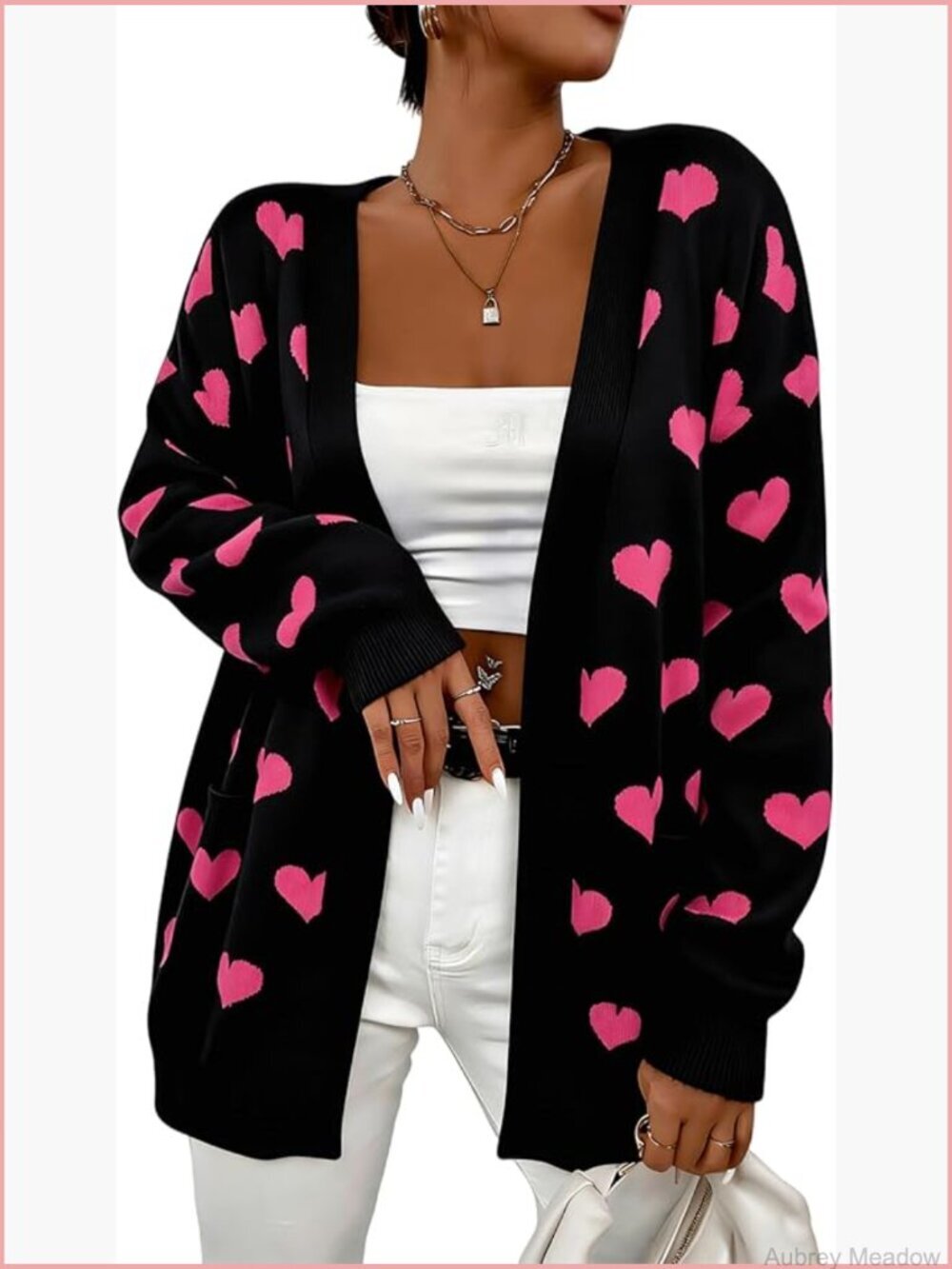 Heart Cardigan Valentine Sweater Open Front Knit with Pockets